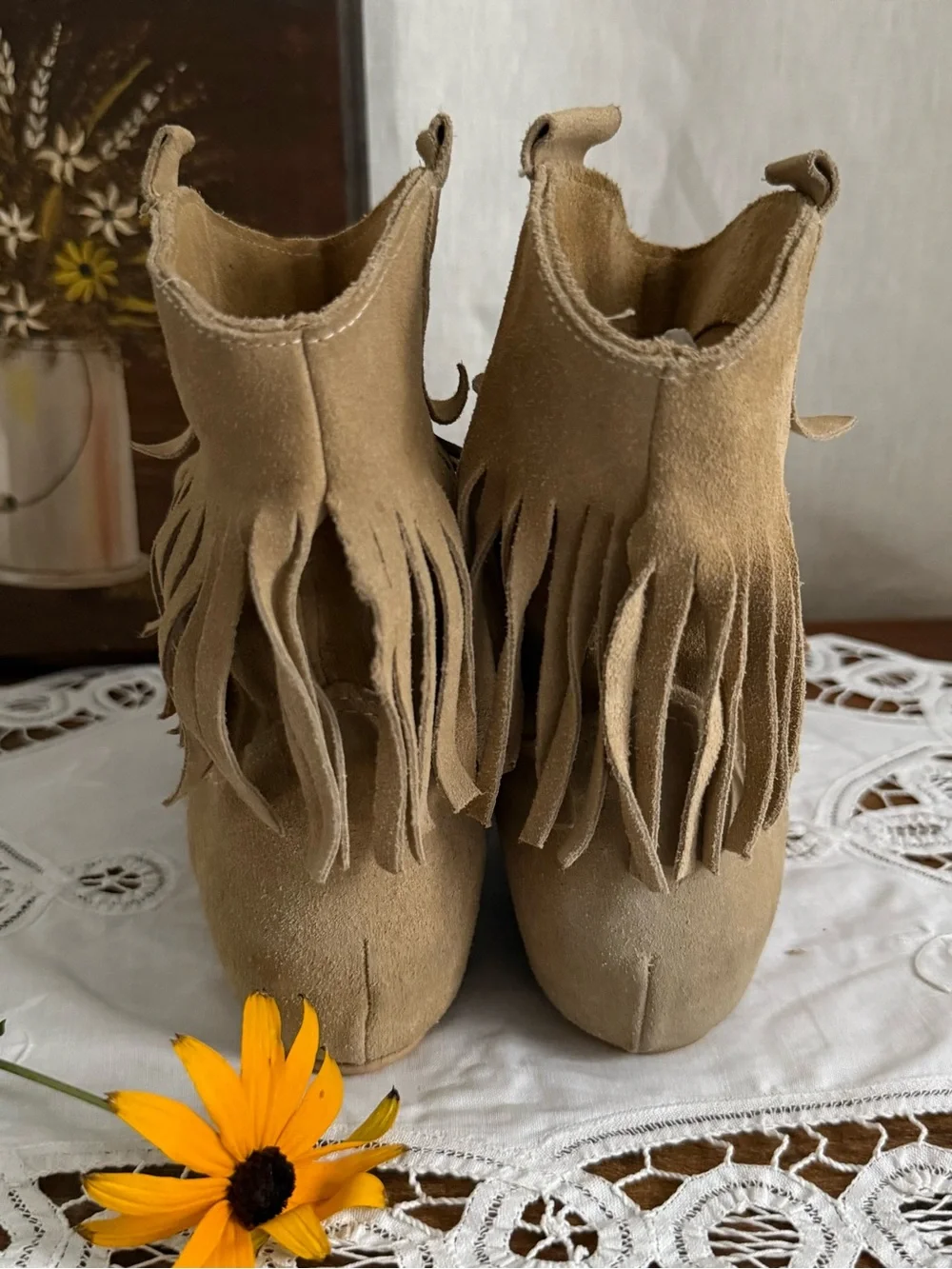 Sundance Suede Fringe Moccasin Ankle Boots 36 US 6 Beige Boho Italy Booties